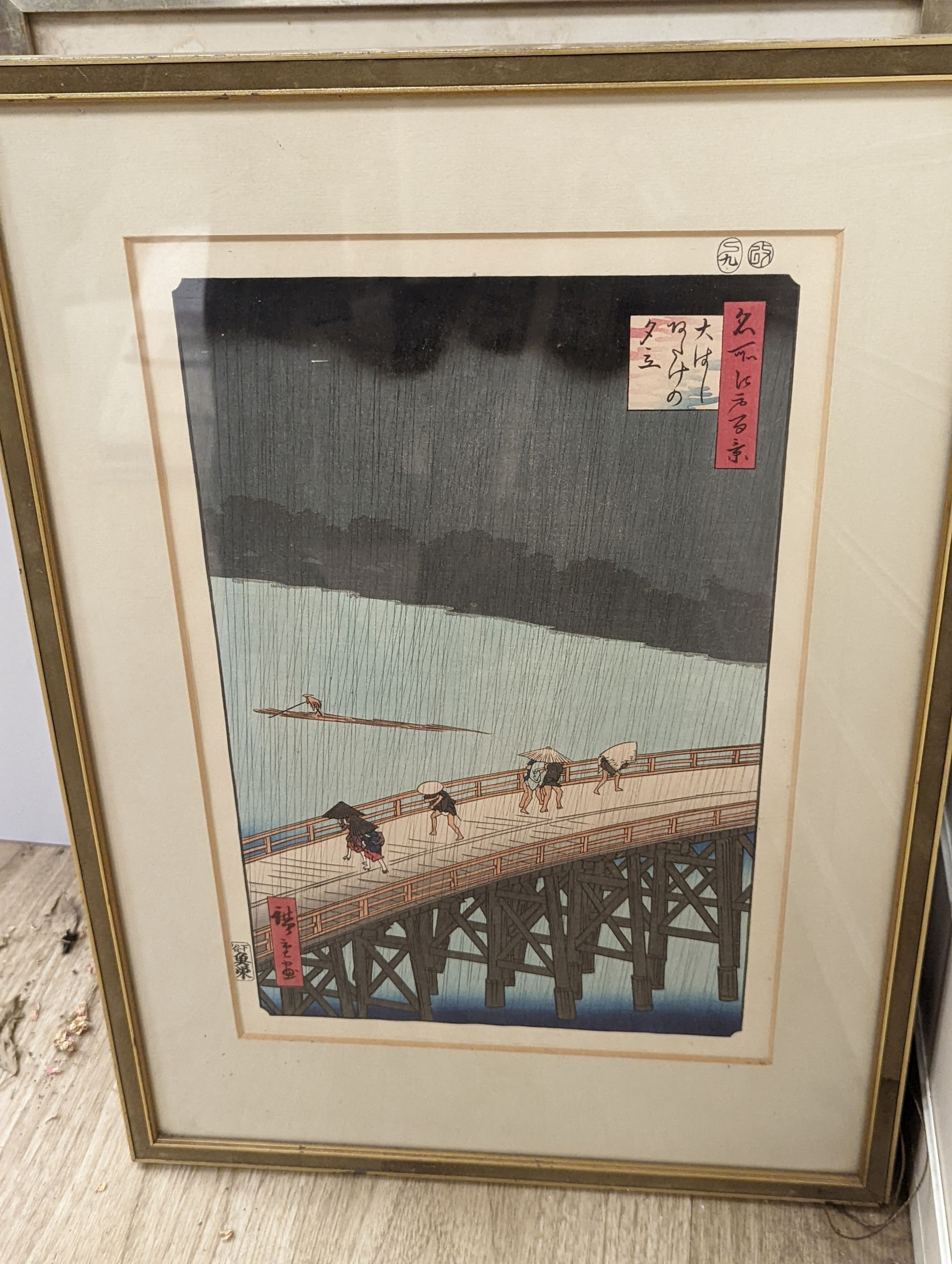 Hiroshige, woodblock print, 'Southern Shower over Shin-Ohashi Bridge', 36 x 24cm, and eight other assorted woodblock prints.